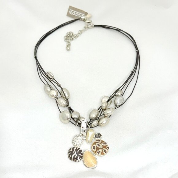 Chico's Multi-Strand Black Cord Necklace W/ Silver-Tone Beads & Abstract Pendant - Picture 4 of 8